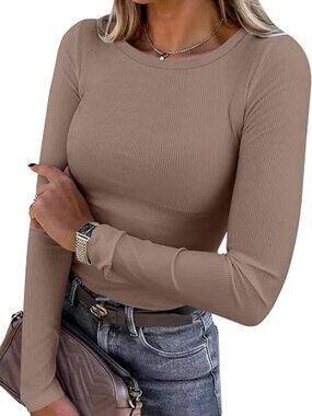 Women Long Sleeve Shirts Rib Knit Slim Fit Tops Basic Tee Spring Outfits Casual